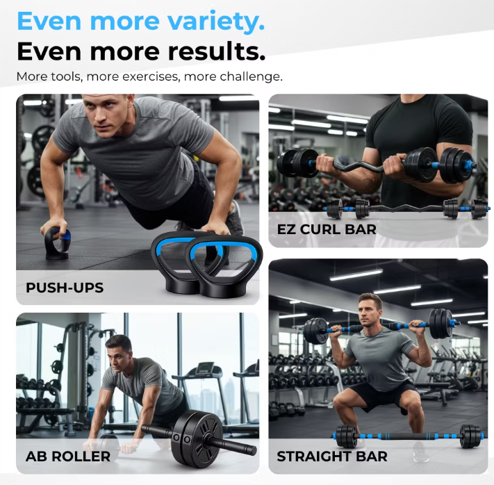 Organess Modulaire Halterset 28,5 kg - Verstelbare Dumbbell & Barbell Set met Kettlebell en Ab Roller - Zwart