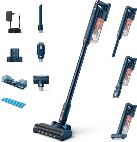Philips Steelstofzuiger met Dweilfunctie XC5141/01 Aqua - Draadloos en Zonder Zak - Zuigmond met LED Verlichting - Kruimeldief - Batterijduur tot 60 min - Lichtgewicht - Blauw
