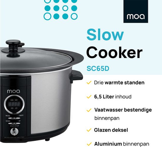 MOA Slowcooker met Timer - 6,5L - Ø 24,5cm - Aluminium Binnenpan - Doorzichtige Deksel - 3 Warmtestanden - Vaatwasserbestendig - BPA-vrij - RVS
