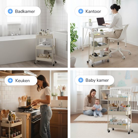 Keuken trolley op Wieltjes - 3 laags - Keukenrek - Serveerwagen - Kastje - Karretje - Opberg - Douche kastjes staand - Rekje - Beige - Luft