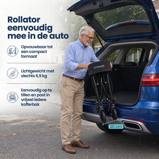 TrueSafe Rollator lichtgewicht en opvouwbaar (6,9 kg) - Voor binnen en buiten - Incl. ergonomisch zitkussen, verlichting, rugleuning, wandelstokhouder en meer - Zwart