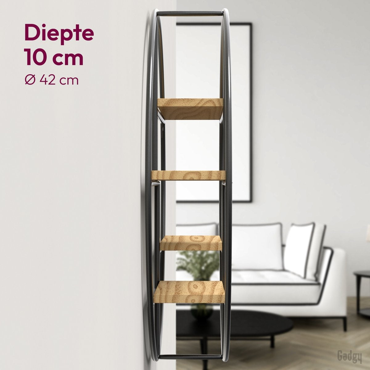 Industrieel Wandrek Rond – Houten Planken & Zwart Metaal – Decoratief Wandrek – Gadgy