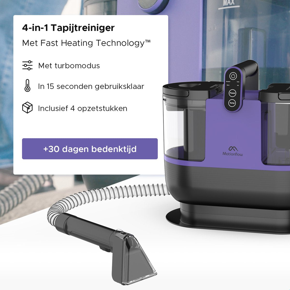 Motionflow 4-in-1 Vlekkenreiniger - Verwarmingsfunctie en Zelfreinigend - 4 Borstels / opzetstukken - inclusief Schoonmaakmiddel