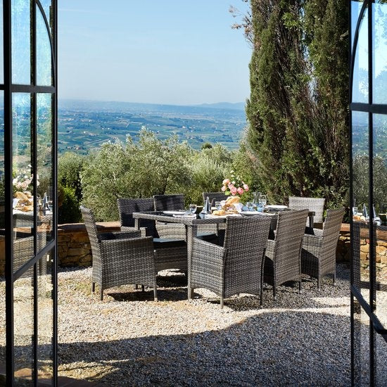 tectake® - aluminium wicker tuinmeubelset 8 stoelen met tafel met glazen blad, inclusief 2 hoezensets en beschermhoes, weerbestendig balkonmeubilair - grijs - poly-rattan