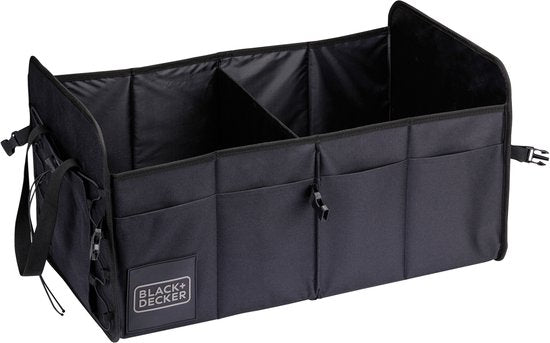 BLACK+DECKER Kofferbak Opbergbox - 59 x 36 x 30 CM - 2 Vakken - Extra Zijvakken - Met Handvatten - Zwart