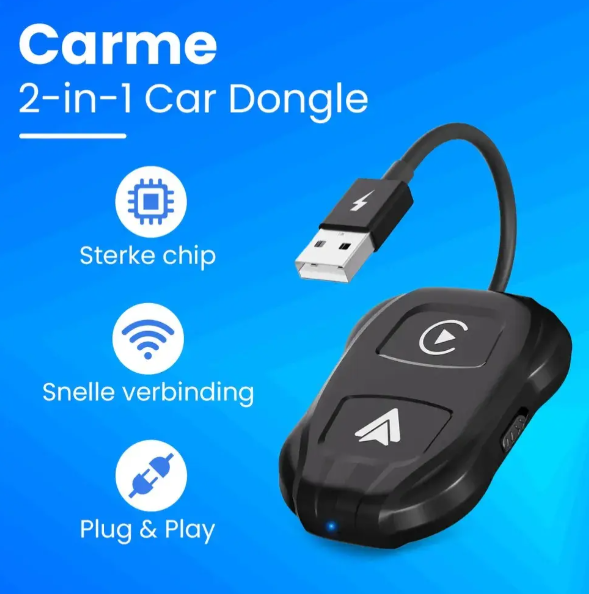 CarMe Luxe 2-in-1 Car Dongle - Draadloos CarPlay & Android Auto - 5GHz Verbinding - USB-C & USB-A - 2024 Model - Zwart