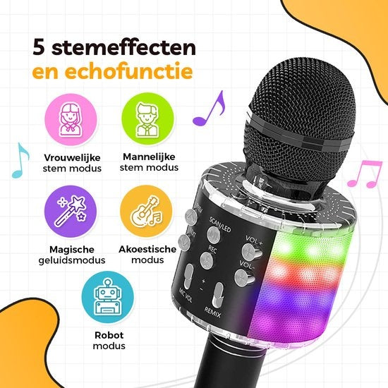 AyeKids 5-in-1 Karaoke Microfoon - Draadloos & Bluetooth – Ingebouwde Speaker & Disco Lichten – Incl. AUX-kabel - Microfoon Kinderen - Karaoke Set - Zwart