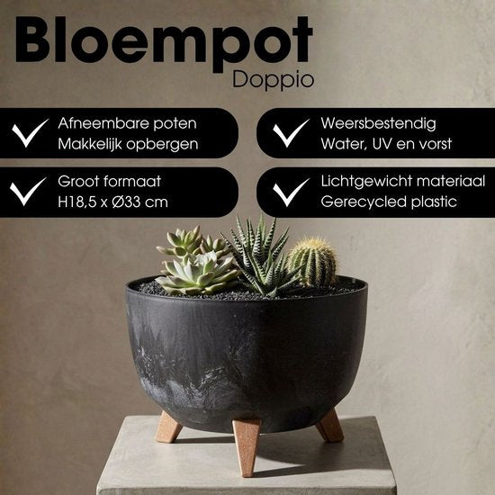 Mica Decorations Doppio Plantenbak op Poten - 18,5 x Ø33 cm - Plantenbakken voor Buiten - Bloembakken voor Balkon - Gerecycled Plastic - Zwart