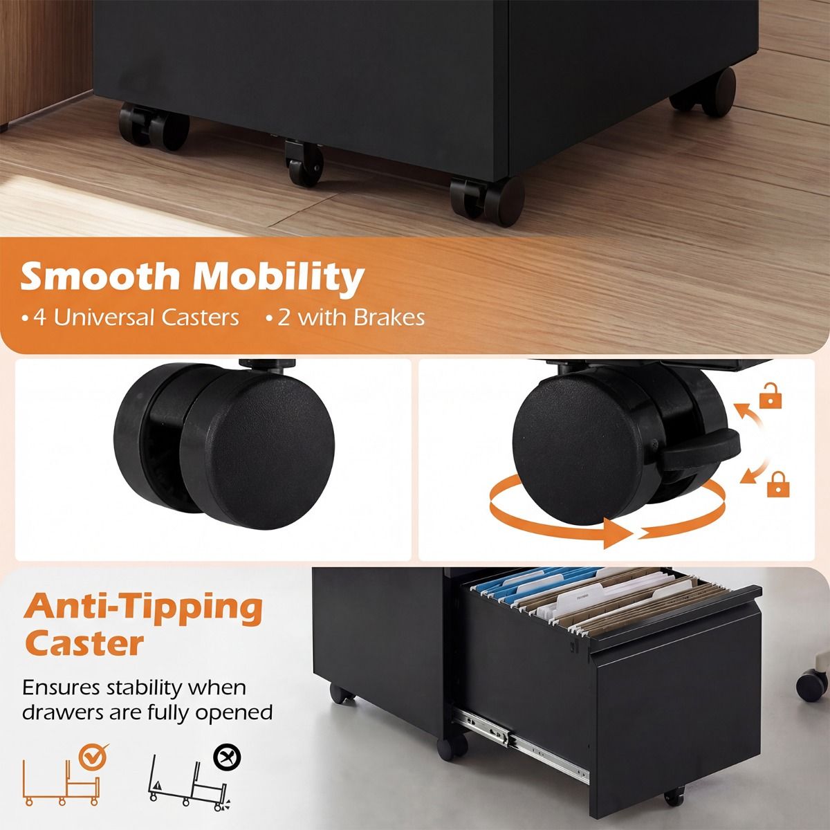 Coast Mobiele archiefkast - 2 lades - 5 zwenkwielen - zwart