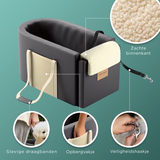 CozySense® Honden Autostoel - Hondenmand Auto met Wasbare Hoes - Voor Kleine Hond - Past in Middenconsole - Ook als Draagtas - Zwart/Beige