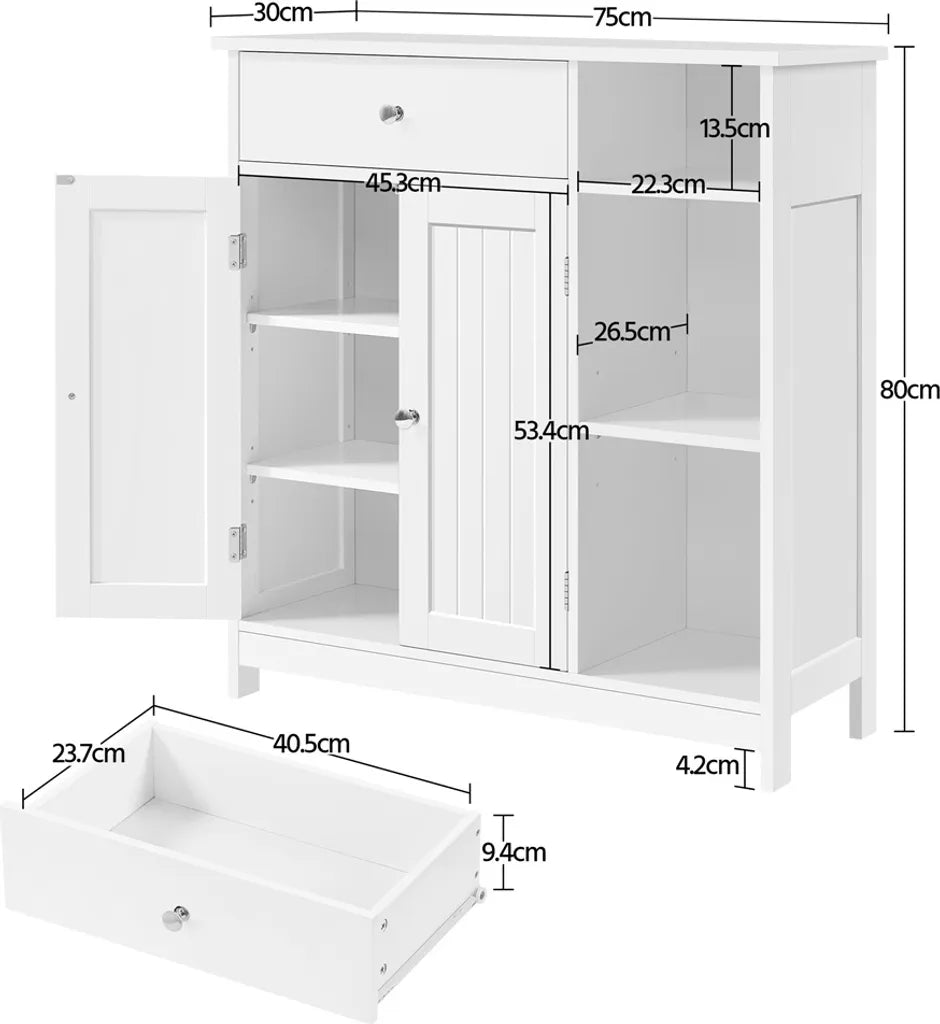 Yaheetech Badkamerkast 75 x 30 x 80 cm - Wit - Opbergkast met Lade, Deur en Verstelbare Planken