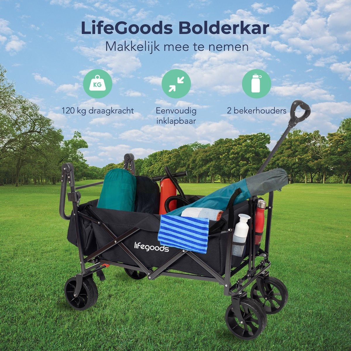 LifeGoods Bolderkar – Inklapbaar  – max. 120 kg – 120 x 61 x 80 cm – Zwart