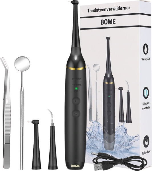 BOME Tandsteenverwijderaar – Incl. 3 Opzetstukken, Spiegeltje & Pincet – 11000 rpm – Zwart