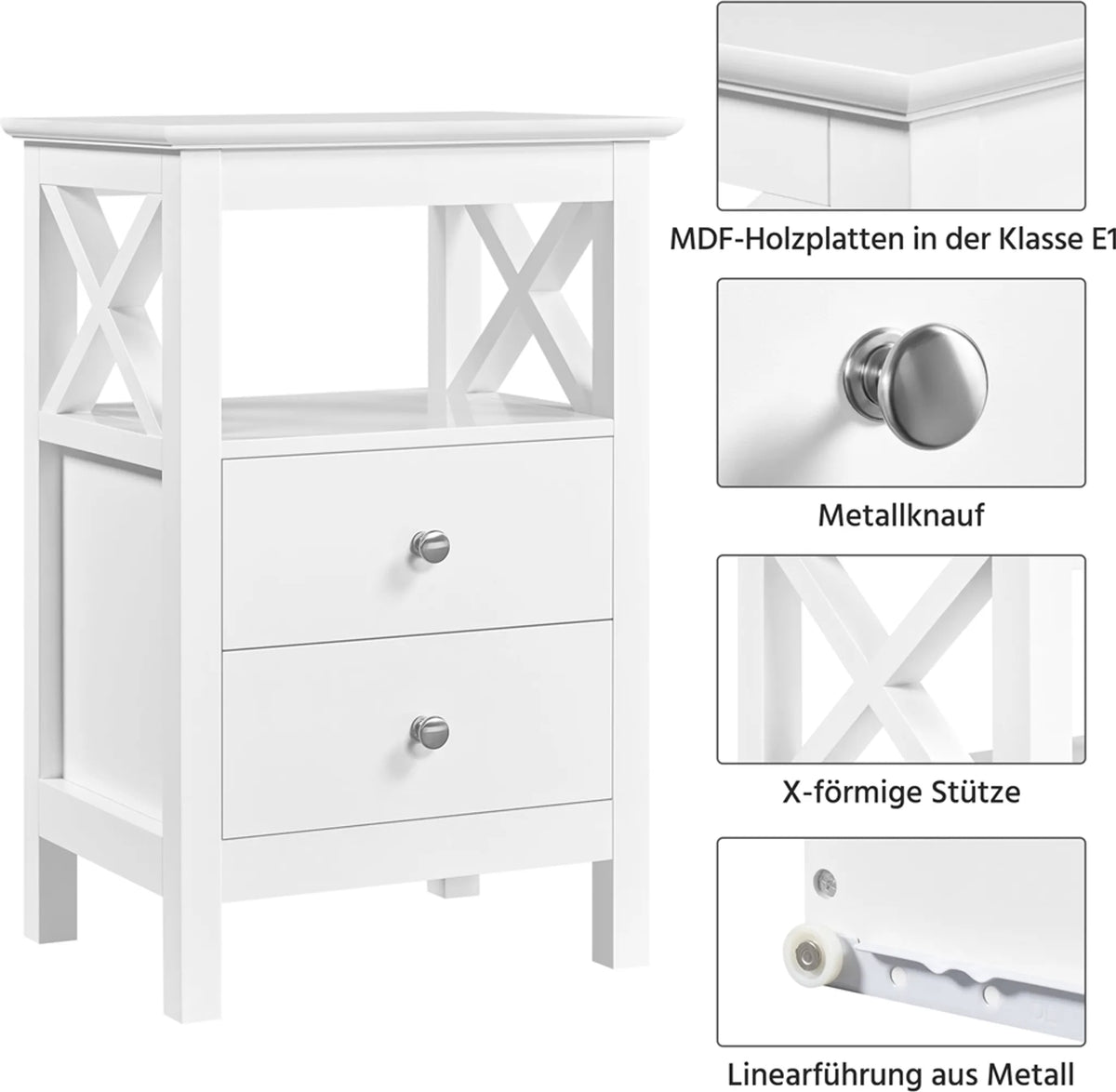 Nachtkastje met 2 Lades en Open Schap X-vormig Metalen Onderstel Wit 40 × 30 × 60 cm