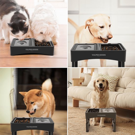 Vulpes Goods® Pets - Voerbak Hond met Standaard - Drinkbak Hond Anti Knoei - Anti Schrokbak Hond - Verhoogde Voerbak - 4 Hoogtes - Slow Feeder - Dubbel - Zwart