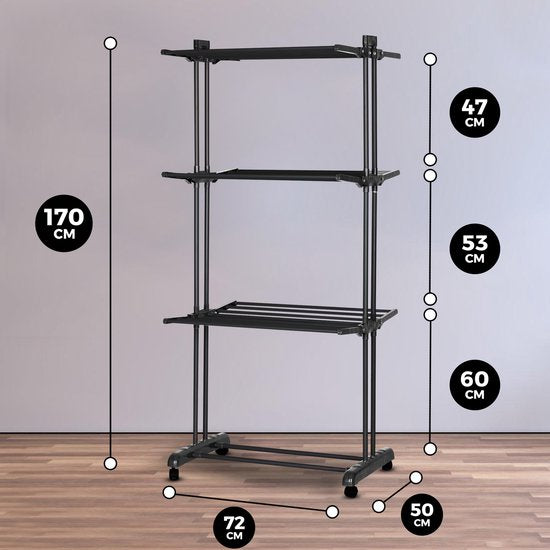 Vonia Droogrek - Wasrek - Droogtoren - Wastoren - 3 Lagen - Inklapbaar - 72x50x172 cm - Zwart