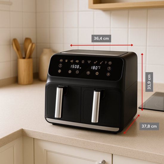 alpina Dubbele Airfryer XXL - Heteluchtfriteuse 2x4L - Air Fryer met Digitaal Touchscreen - Heteluchtoven voor 6 Personen en Meer - 8 Kookprogramma's - Sync-Modus - Timer Functie