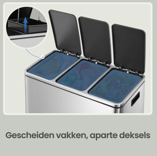Joyfurnos Prullenbak 3 Compartimenten 3x18L - Zilver & Zwart - 61 x 31,5 x 55,5 cm