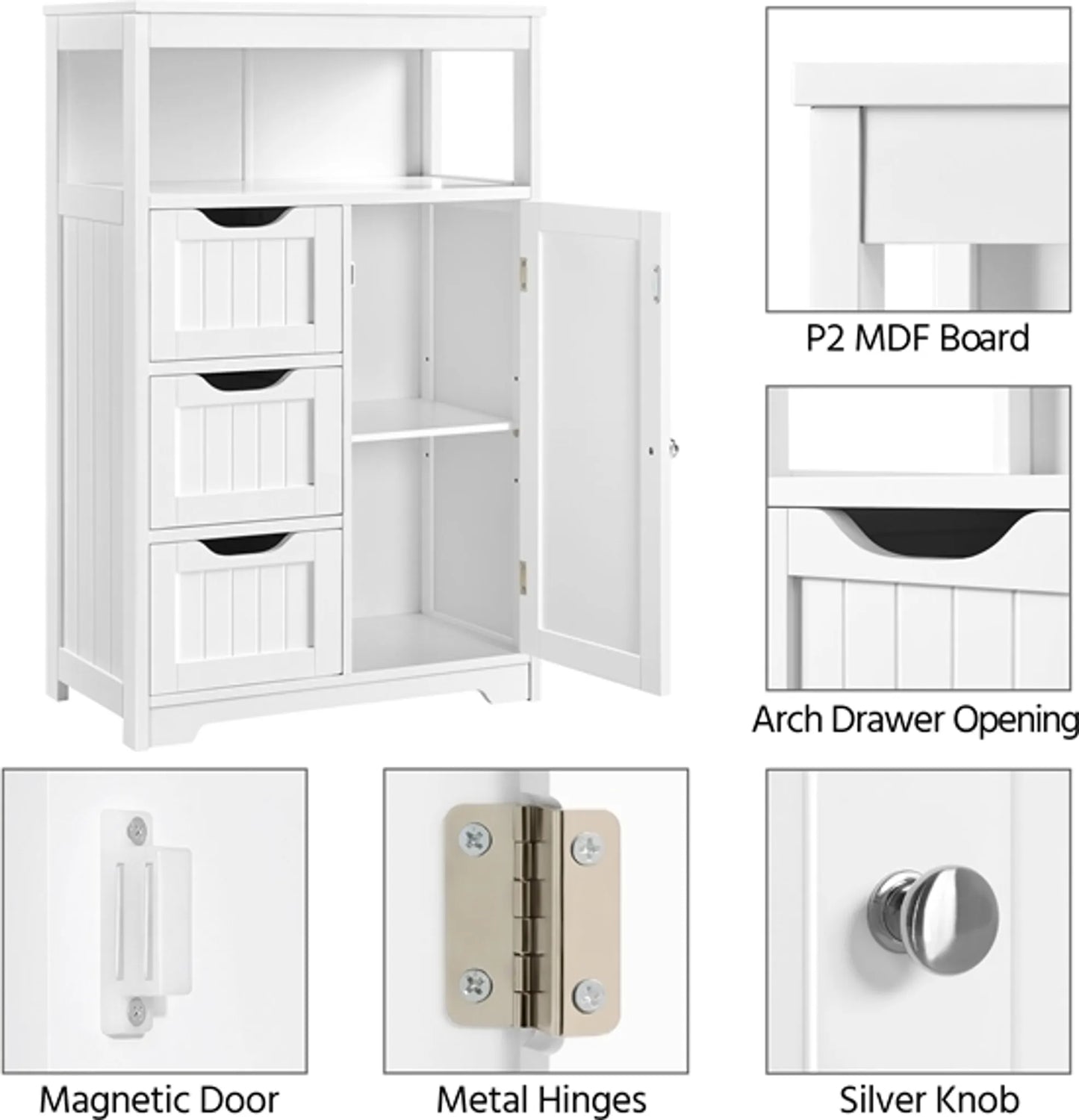 Yaheetech Badkamerkast Wit – Voorzien Van 3 Lades En Kastje Met Verstelbare Plank En Open Opbergvak – Voor Woonkamer En Slaapkamer – Wit Mdf En Metaal – 55,5 x 29,5 x 86,5 cm