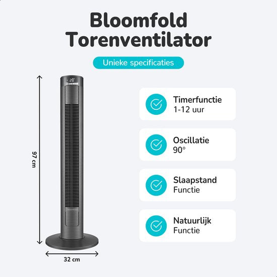 Bloomfold Toren Ventilator - 96,5 cm - Zwart - Afstandsbediening - Slaapstand - 12 uur Timer - Full Led Display