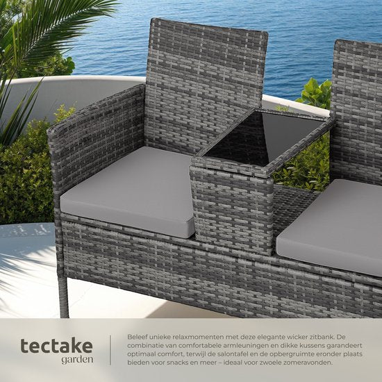 tectake® - wicker tuinbank met tafel, 2-zitsbank, 131 x 61 x 82 cm, bank voor tuinbalkon en terras, tuinbank inclusief zitkussen - grijs/lichtgrijs - poly-rattan