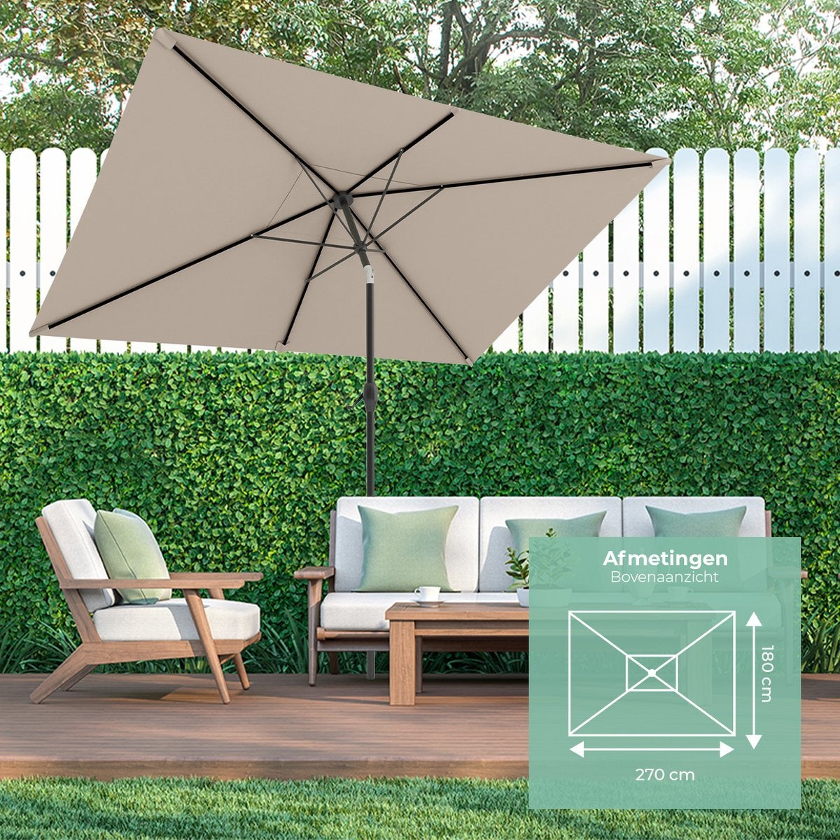 LifeGoods Parasol - 270x180cm - 30° Kantelbaar - Waterdicht - met Hoes - Taupe