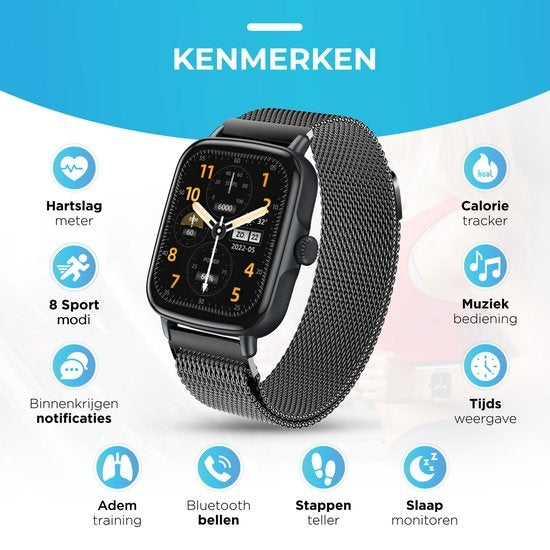 AyeWay Smartwatch - Stalen Band - Waterdicht & Touchscreen - 70 Sportmodes - Met App - Smartwatch Heren & Dames - Zwart