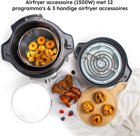 Multicooker met Airfryer - 15-Delige Set - 6L - 24 Automatische Programma's - Slowcooker, Rijstkoker, Stomer, Snelkookpan - Grijs - van Saaf