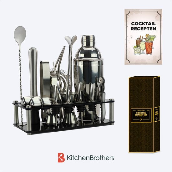KitchenBrothers Cocktail Set met Cocktailshaker - 24 Delig - Uitgebreide Set - Cadeauverpakking - Zwart/Acryl