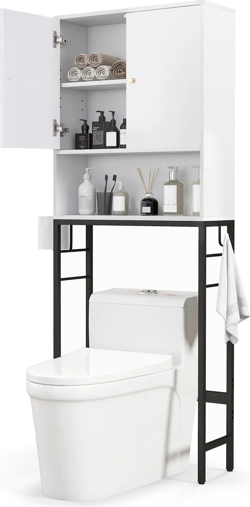 COSTWAY Vrijstaande Toiletkast – Met Opbergvakken, Deuren & Haken – 63 x 23 x 165,5 cm – Wit