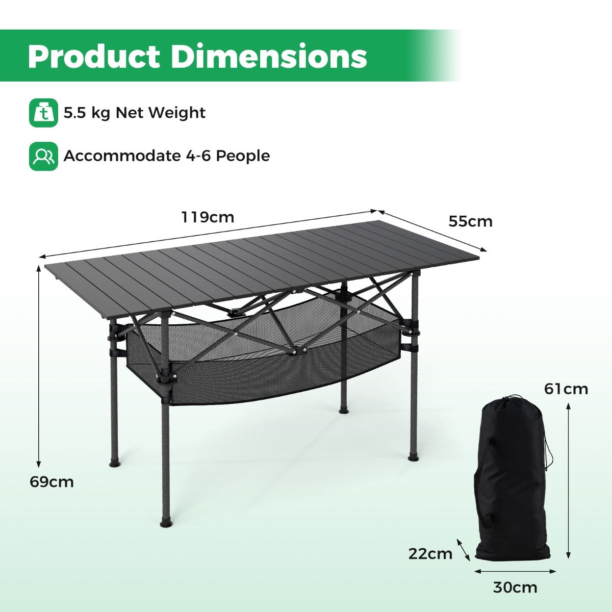 Coast Opvouwbare Campingtafel - Oprolbaar aluminium tafelblad - Met netmand - Zwart 119 x 56 cm