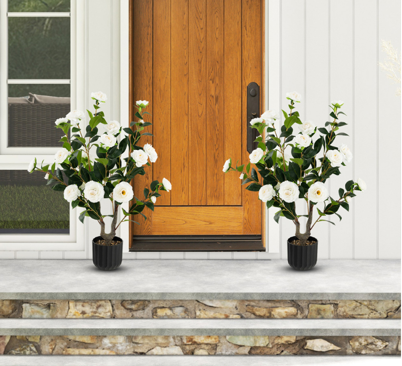 Coast Camelia Kunstplanten - 2 Stuks - In Pot - 100 cm - Witte Bloemen