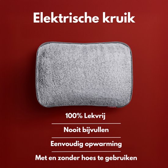 Coozie Elektrische Kruik – 1L – met ThermoSoft Hoes van Fluffy Stof – Verwarmende Zachte Warmwaterkruik – Warmtekruik – Grijs