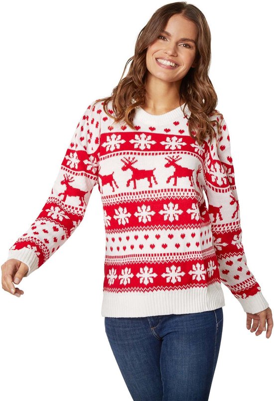 Dressforfun Kersttrui wintertoverpracht wit-rood voor vrouwen XXL - verkleedkleding kostuum halloween verkleden feestkleding carnavalskleding carnaval feestkledij partykleding - 303339