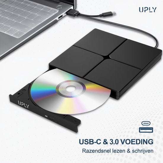 UPLY Externe DVD Speler - Windows en Mac - USB C en USB 3.0 - Externe DVD Speler voor Laptop - Externe DVD Speler en Brander - CD