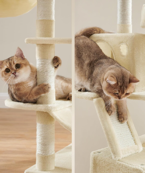 JoyFurnos Krabpaal XXL 168 cm - Kattenboom met 13 Krabpalen, 2 Kattenholen, Hangmat en Mand - Beige