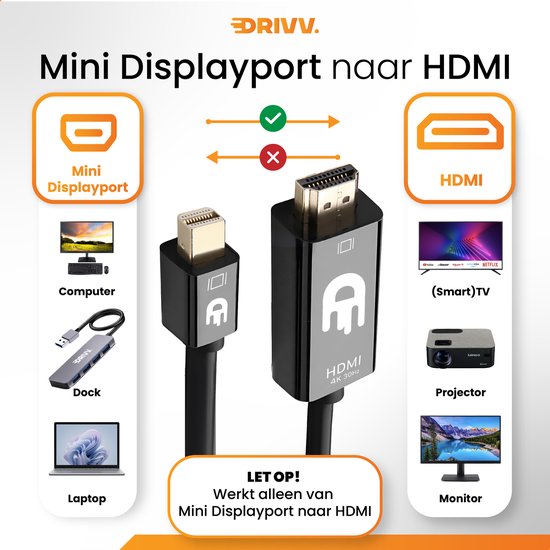 Drivv. Premium Mini DisplayPort naar HDMI Kabel - Thunderbolt naar HDMI - Thunderbolt 1/2 - 4K 30Hz - Zwart - 1.8 meter