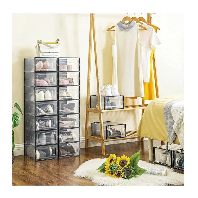 Songmics Opvouwbare Schoenendozen 18 stuks - 33,3 x 23 x 14 cm – Zwarte Kunststof Opbergboxen Met Deurtje