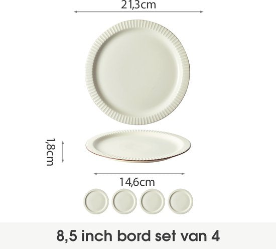 Dinerborden set van 4 (Ø21,3cm / 8,5inch), Ontbijtborden, Pastaborden, Pizzaborden, serviesset 4 persoons, Geschikt voor Restaurants, Horeca, Feest, Familiefeesten, Banketten en Picknicks, Magnetron-vaatwasserbestendig, Keramiek