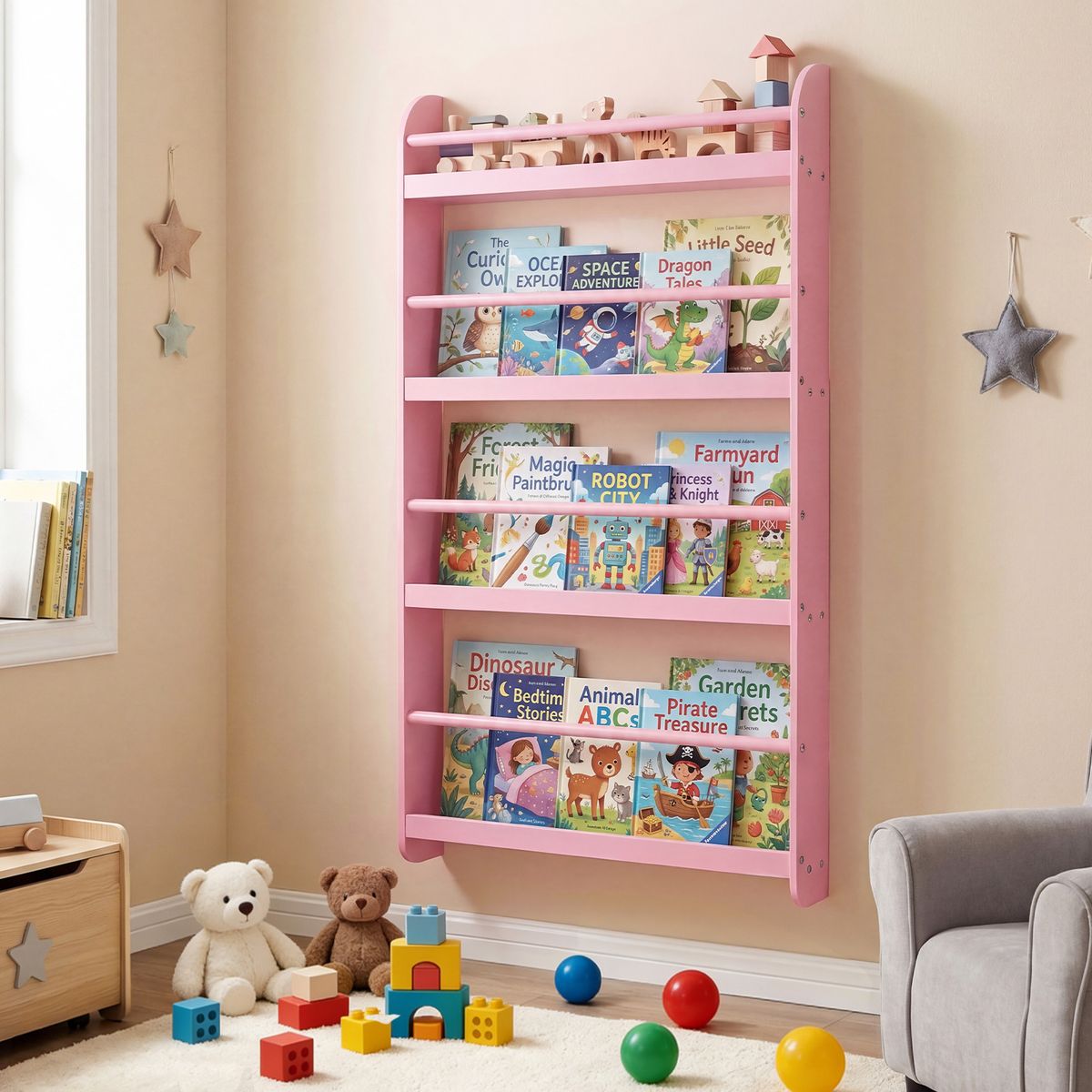 Coast Kinderboekenrek wandplank - ruimtebesparend - 4 planken - wit/roze