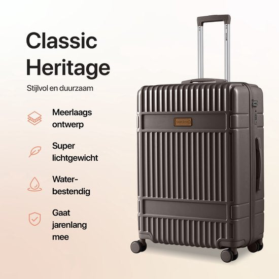 SKYCASES Kofferset - Classic Heritage – 3 Delig – Handbagage & Check-in Koffers – 36L/63L/100L – TSA Slot – 360° geruisloze wielen – Lichtgewicht – Trolley – Bruin