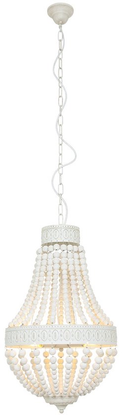 Hanglamp Ella 10191W - Trendy Witte Kralenlamp van Hout en Metaal, Verstelbare Hoogte 70-155 cm - Merk: Mexlite