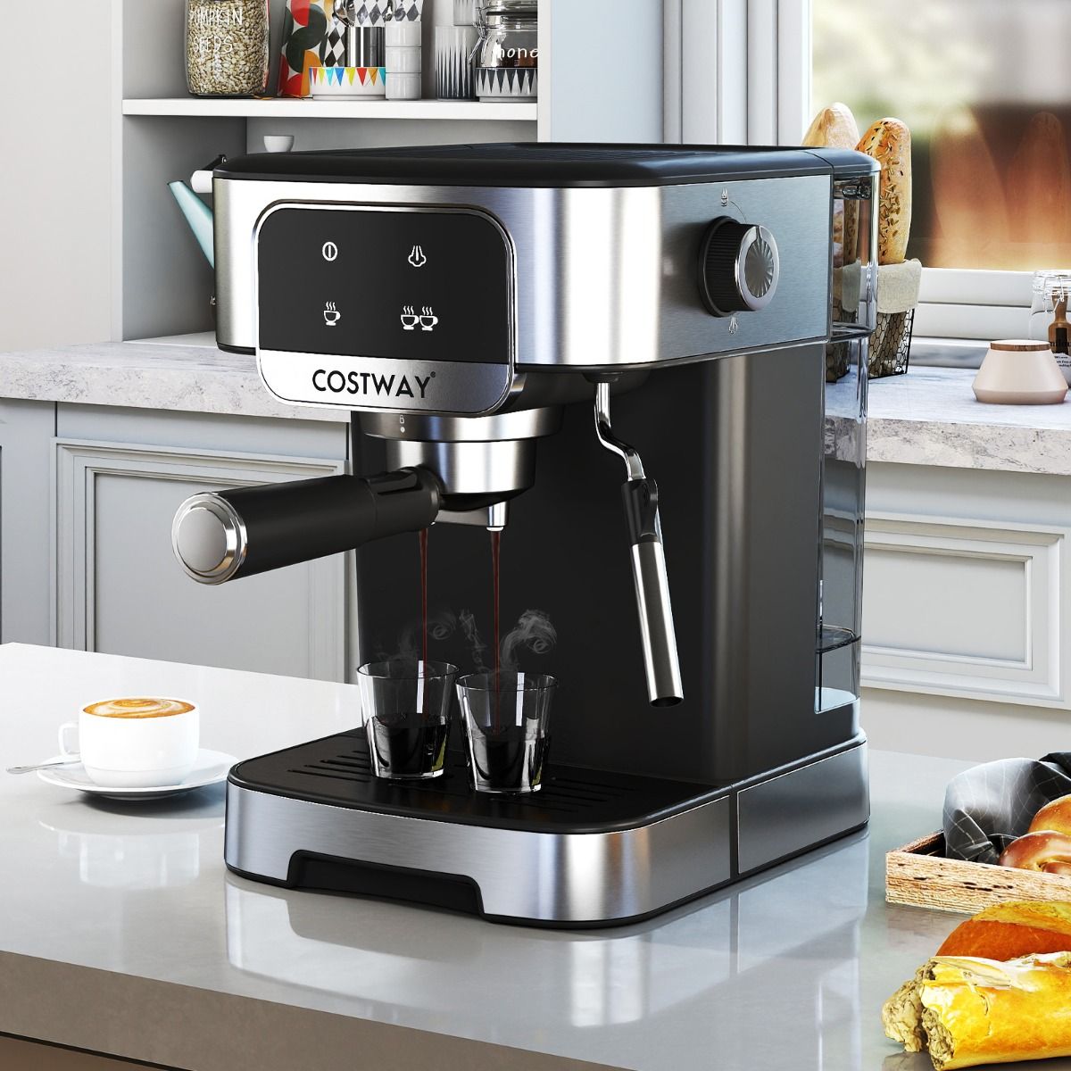 Coast Espressomachine 20 Bar 1200W - Stoom-melkopschuimer - 1,8L Waterreservoir - Touchscreen - Zwart/Zilver - 26x21x28cm