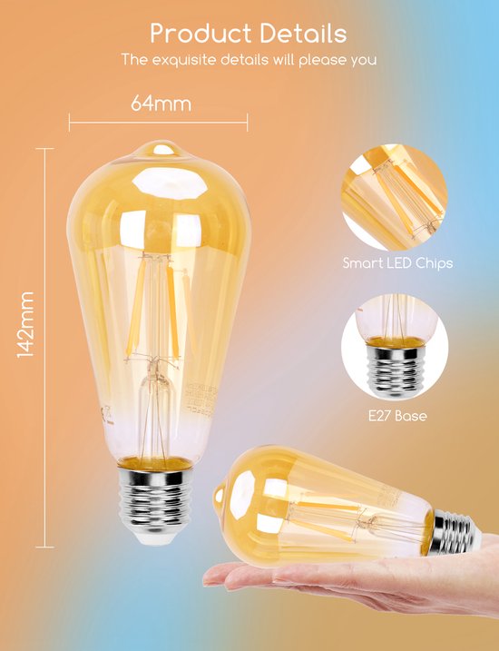 Aigostar 10YIE - ST64 - Slimme verlichting - Lichtbron E27 - Ø 6,4 cm - Appbesturing - Dimbaar - Smart Bulb - 6W