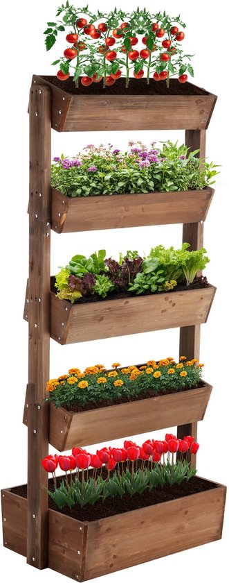 tectake® Verticale Tuin Flora - Met 5 Plantenbakken voor Bloemen, Kruiden of Groenten - Bruin - 81 x 52 x 180 cm - Kweekbak voor Moestuin - Kantelbare Bloembakken van Gelakt Dennenhout - Inclusief Vliesdoek/Worteldoek - Weerbestendig en Stabiel
