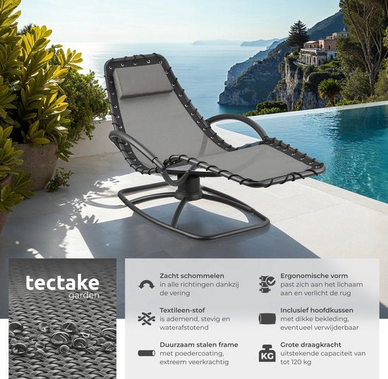 tectake® - Ligstoel Toulon - Ergonomische tuinstoel met schommelfunctie - Verstelbare ligstoel voor tuin, terras, balkon met hoofdkussen en comfortabele armleuningen - 120kg draagkracht - Grijs