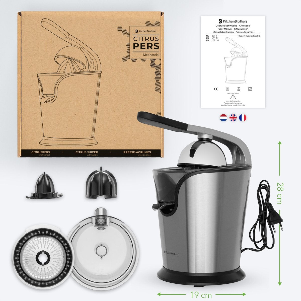KitchenBrothers Citruspers - Elektrische Sinaasappelpers en Citroenpers met Pershendel - RVS - Zwart