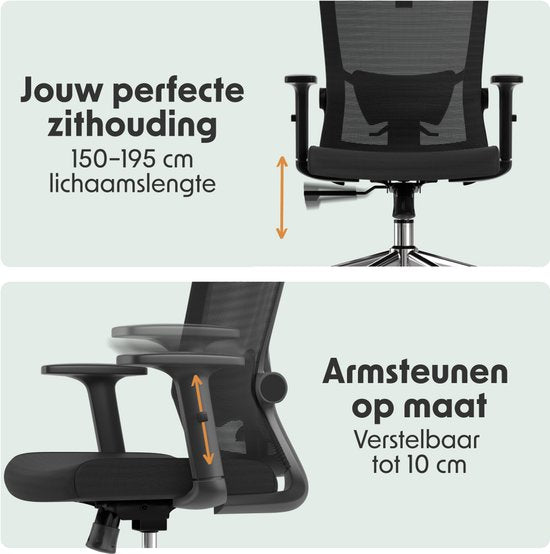 LifeGoods Ergonomische Bureaustoel - Office Chair - NEN- en SGS-gecertificeerd - Volwassenen - Hoofdsteun - Zwart/Chroom
