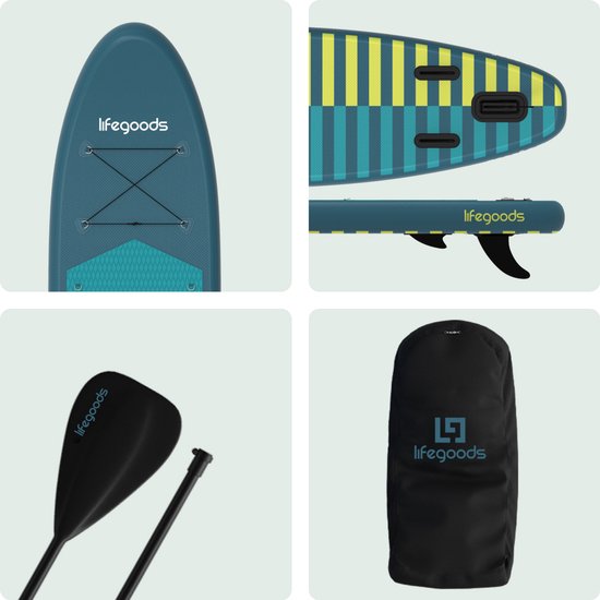 LifeGoods SUP Board Allround Compact - met Zitje - 100 KG Draagkracht - 300 x 76 cm - Opblaasbaar - Compleet SUP pakket - Cyaan/Donkergroen