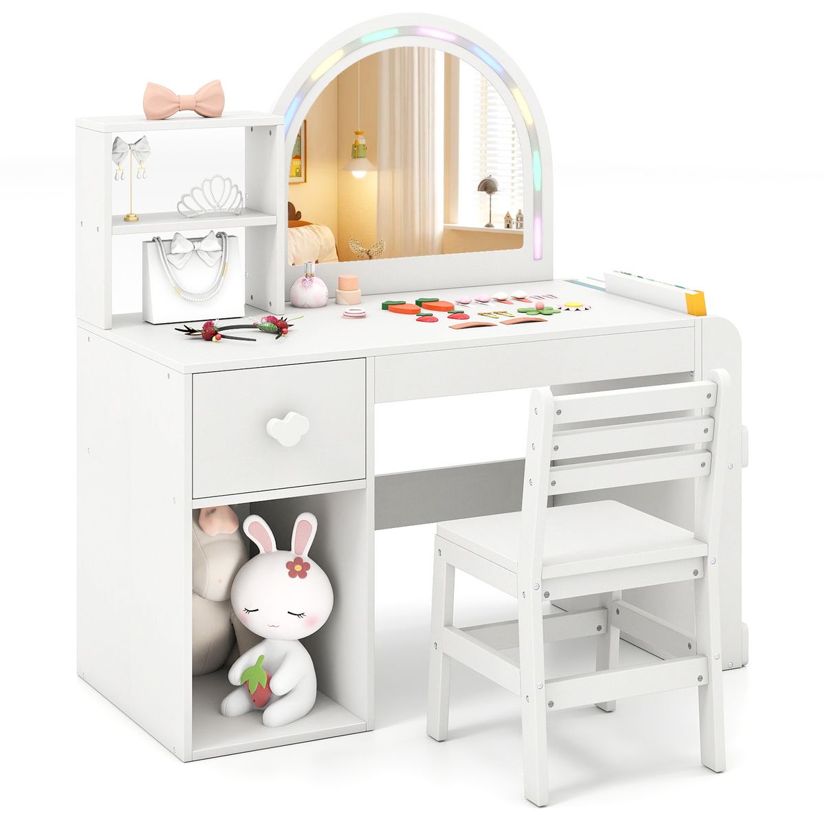 Coast Kinderkaptafel met Stoel - Verlichte Spiegel - Opbergruimte - Roze en Wit
